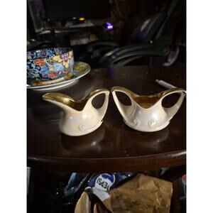 Vtg Pearl China Iridescent 22kt Gold Cream & Sugar Set Lusterware Farmhouse Chic